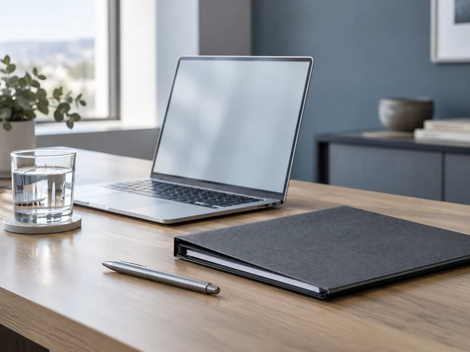 Laptop und sorgfältig geordnete Unterlagen am Arbeitsplatz