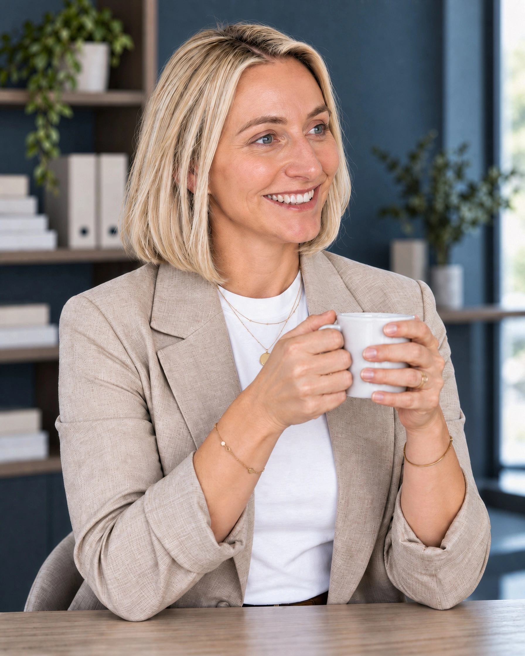 Eva hält eine weiße Kaffeetasse und lächelt zur Seite, hell ausgeleuchtet vor einem schieferblauen Büro-Hintergrund mit Holzregal
