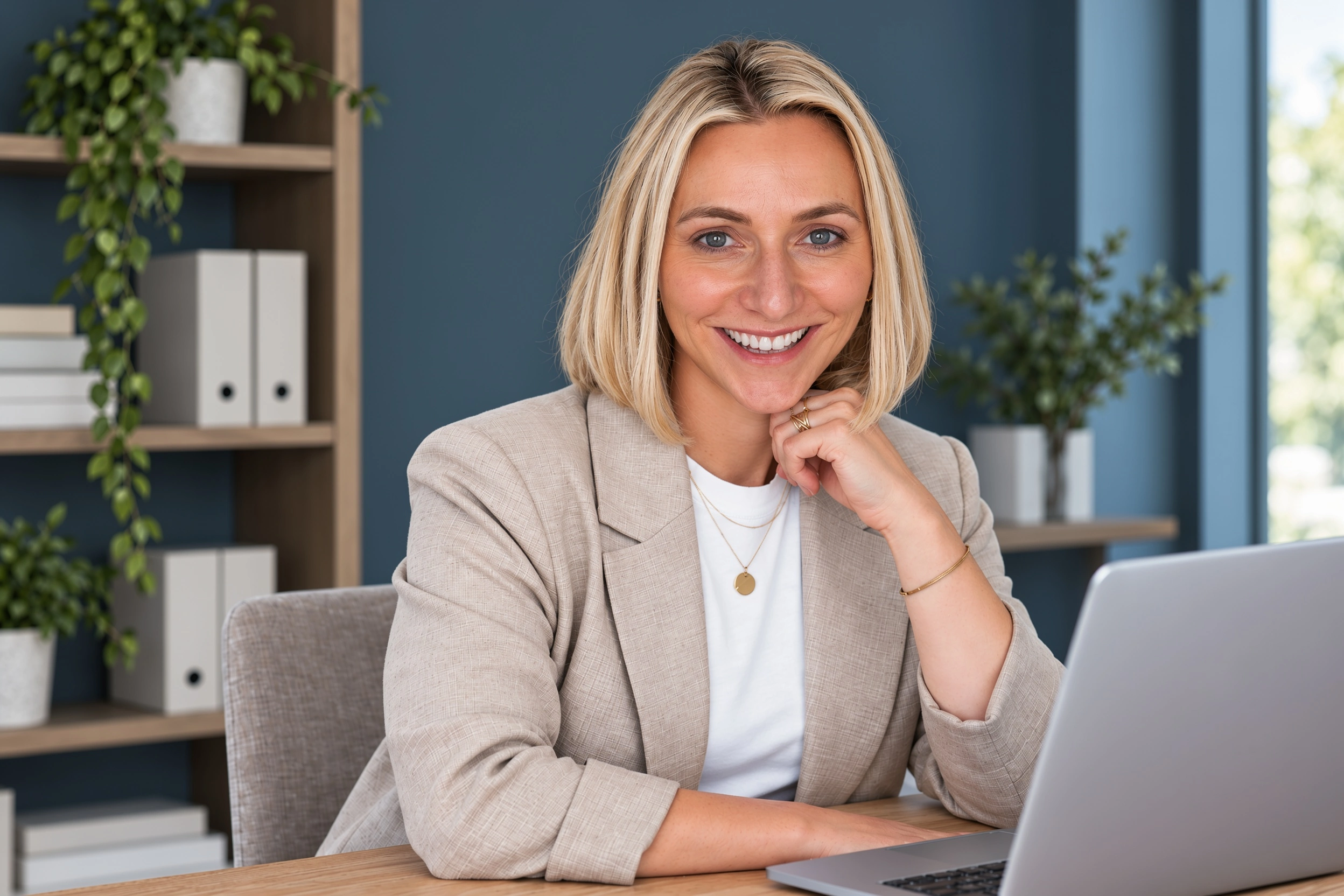 Eva sitzt entspannt am Laptop mit einer Hand am Kinn, hell ausgeleuchtet in einem schieferblauen Büro mit Holzregal und Fenster