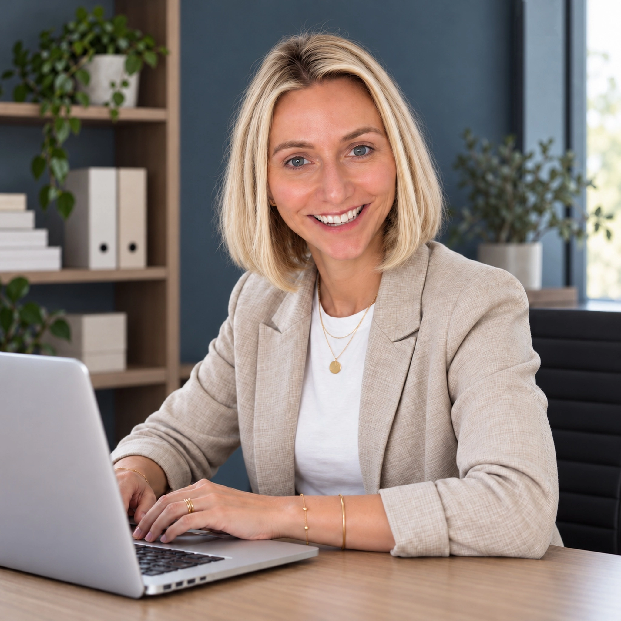 Eva lächelt am Laptop in die Kamera, hell ausgeleuchtet vor einem schieferblauen Büro-Hintergrund mit Holzregal und Pflanzen